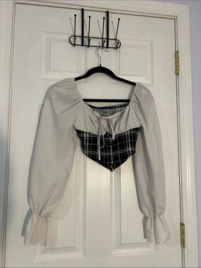Women's Cream Peasant Top with Black Plaid Accent-XS